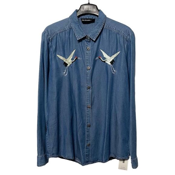 THE KOOPLES Embroidered Crane Long Sleeve Button Up Lyocell Chambray Shirt - Picture 2 of 11
